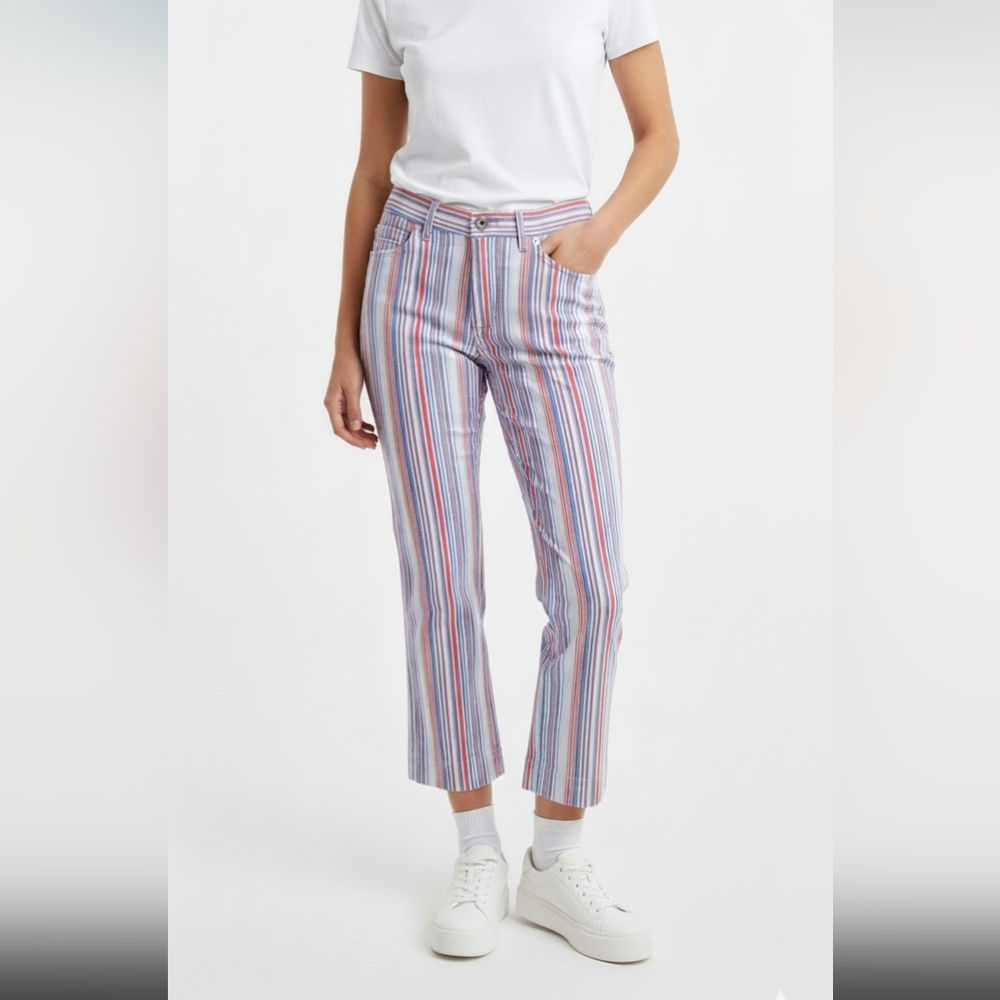 Elevenses straight leg size 6 orange yellow and blue striped Cropped pants